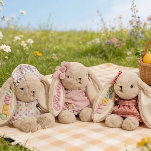 Könnte beinhalten: Drei Plüschhasenpuppen mit langen Ohren, jede in einem anderen Outfit und mit einem Namen auf einem Ohr gestickt. Die Hasen sitzen auf einer karierten Decke in einem Feld mit Wildblumen, mit einem Obstkorb im Hintergrund.