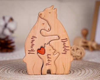 Personalized Wooden Bear Family Puzzle with Names – Custom Family Gift for Parents, Kids, Dad, Mum – Unique Animal Home Decor