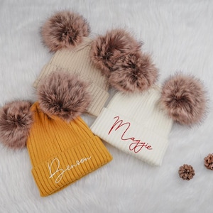 Personalized Double Pom Knit Beanie, Custom Embroidered Name Hat for Kids, Baby Winter Hat Gift, Toddler Beanie, Holiday Baby Gift