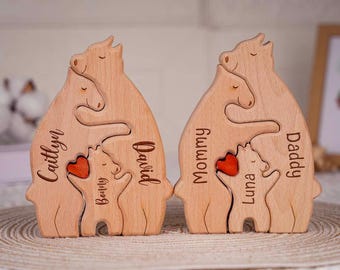 Custom Hugging Bear Family Puzzle – Engraved Names of Family Members – Heartwarming Gift for Families, Parents, and Kids