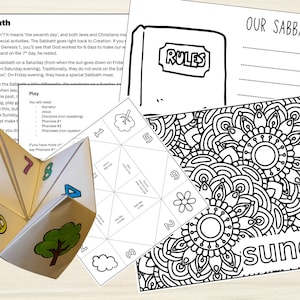 May include: A printable worksheet with a black and white mandala design and the word "sunday" at the bottom. The worksheet also includes a section for "Our Sabbath Rules" with a space for writing rules and a section for "Rules" with a blank space for writing.