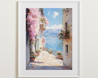 Mediterranean Wall Art, Travel Coast PRINTABLE, Acrylic Oil Painting Poster, Vintage Gallery Wall Art, Instant Download, Printable Wall Art