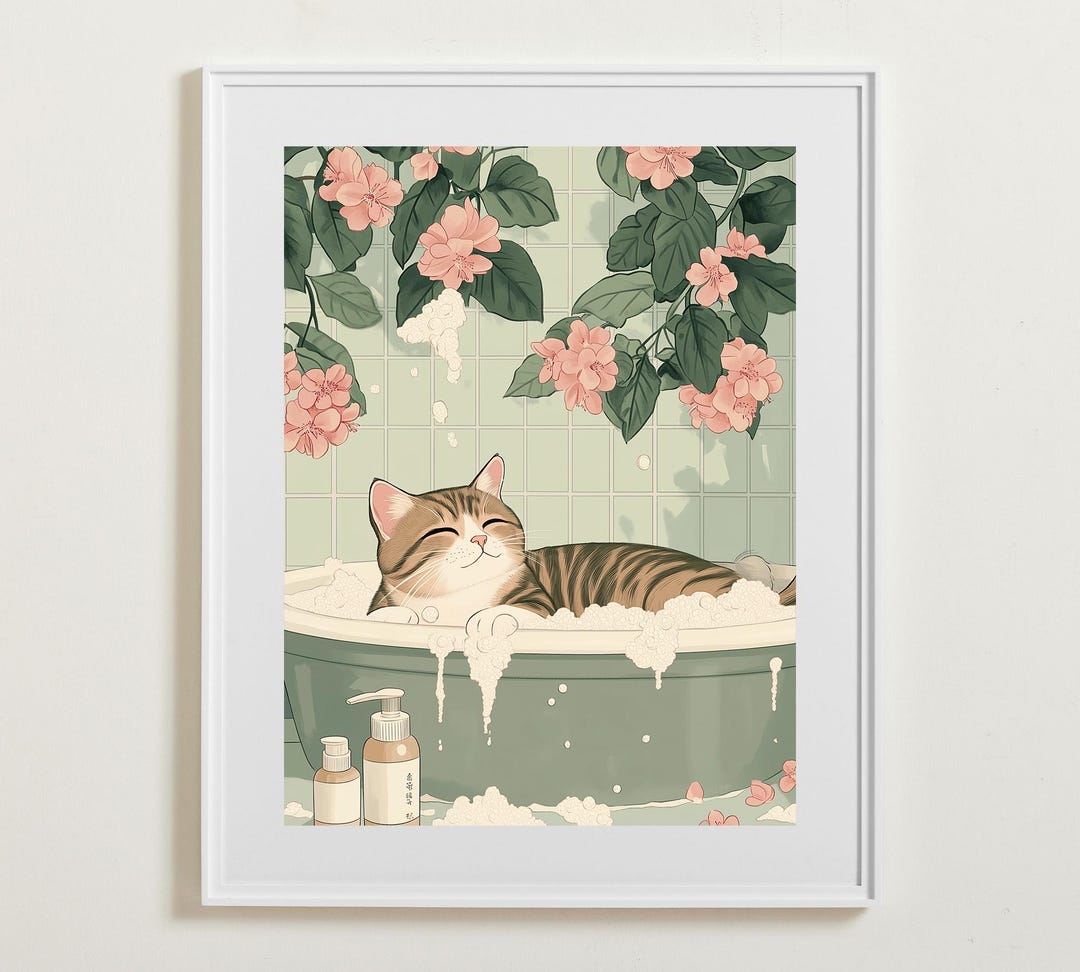 Cat in Bathtub Printable Wall Art, Tokyo Print, Japanese Bathroom Decor ...