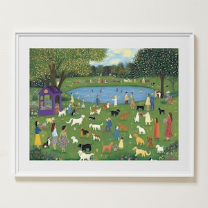 Könnte beinhalten: Ein farbenfrohes Gemälde, das eine Parkszene mit Menschen und Hunden zeigt. Der Park hat einen Teich, Bäume und ein kleines lila Gebäude. Die Menschen tragen verschiedene Kleidung und die Hunde sind alle verschiedenen Rassen und Farben.