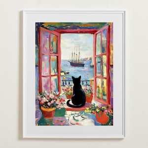 猫の開いた窓の壁アート、アンリ マティスの印刷可能、黒猫のポスター、花柄のデコ、ビンテージ ギャラリーの壁アート、即時ダウンロード、印刷可能な壁アート