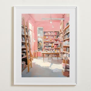 Różowa księgarnia ścienna, Akademia DO DRUKU, Plakat biblioteczny, Estetyczna sztuka Nowego Jorku, Miłośnik książek, Czytanie, Galeria ścienna, Natychmiastowe pobieranie