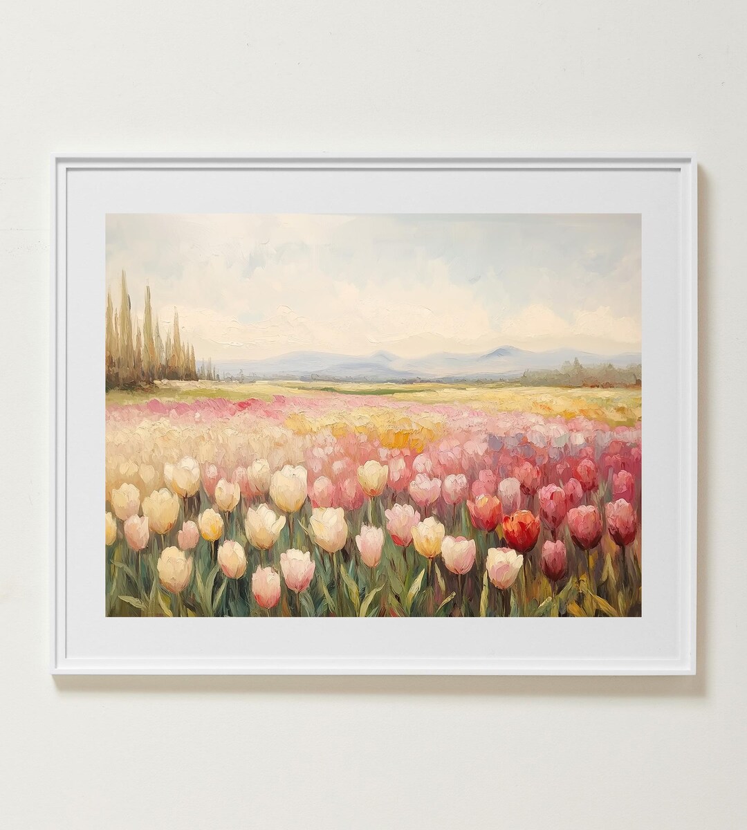 Vintage Pink Tulip Field Art Print: Botanical Landscape (digital ...