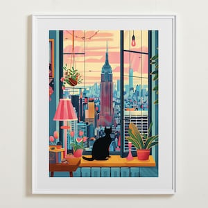 Cat in New York Wall Art, New York PRINTABLE, Travel Poster, Maximalist Deco, NYC, Gallery Wall Art, Instant Download, Printable Wall Art