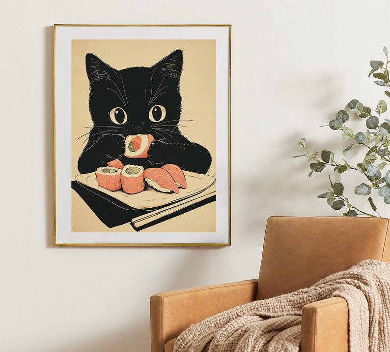 Sushi Black Cat Printable Wall Art, Tokyo Print, Kitchen Decor, Oishii ...