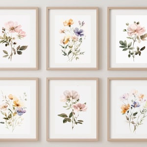 Watercolor Floral Prints - Set of 6, Floral Wall Decor, Wildflower Wall Art, Wildflower Printable Artwork, Digital Download, Nursery Decor