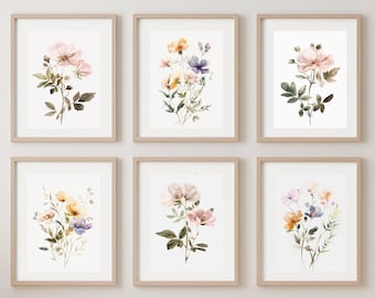 Watercolor Floral Prints - Set of 6, Floral Wall Decor, Wildflower Wall Art, Wildflower Printable Artwork, Digital Download, Nursery Decor