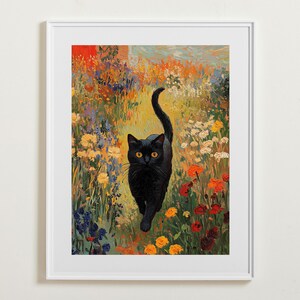 野生の花の黒猫の印刷可能な壁アート、クリムトの花柄プリント、ゴッホのポスター、カラフルな猫好き、ギャラリーのヴィンテージ壁アート、デジタルダウンロード