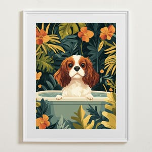 Bathroom Dog Printable Wall Art, Animals Bathing Print, Cavalier King Charles Spaniel Poster,Toilet Wall Art,Bathroom Decor,Digital Download