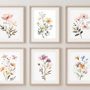 Watercolor Floral Prints - Set of 6, Floral Wall Decor, Wildflower Wall Art, Wildflower Printable Artwork, Digital Download, Nursery Decor