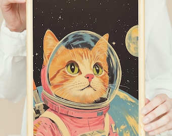 ピンクの猫の宇宙飛行士プリント：気まぐれな宇宙の保育園アート