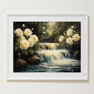 Arte mural de cascada, pintura al óleo vibrante, impresión de paisaje botánico, póster de rosas blancas, arte mural de galería, descarga instantánea, arte mural imprimible
