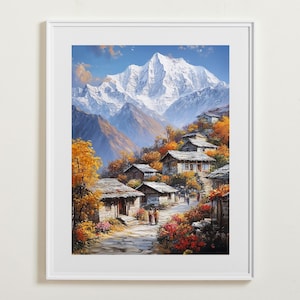 Puede incluir: Una pintura de un pueblo de montaña con casas coloridas enclavadas entre las laderas de una montaña cubierta de nieve. El pueblo está rodeado de árboles verdes exuberantes y follaje otoñal vibrante.