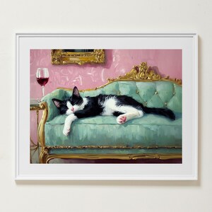 Schwarzweiße Katze mit Rotwein druckbare Wandkunst, Cocktail Kunstdruck, schrullig wunderlich, Vintage Katzen Poster, Katzenliebhaber, digitaler Download