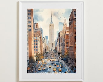 New York City Watercolor Wall Art, Cityscape PRINTABLE, Empire State Poster, Home Decor, New York Print, NYC, Instant Download, Travel Print