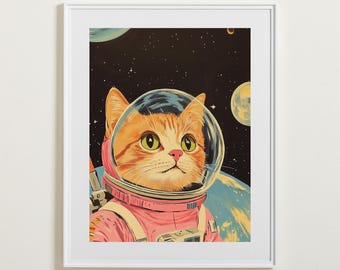 Pink Cat Astronaut Print: Whimsical Space Nursery Art (Digital Download)