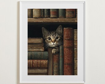Tabby Cat Bookshelf Print: Vintage Library Art for Cat Lovers (Digital Download)