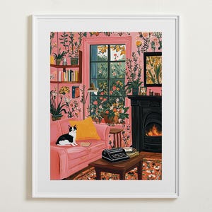 Schwarze Katze auf Sofa druckbare Wandkunst, Smoking Kunstdruck, schrullig wunderlich, rosa Haus Poster, Katzenliebhaber, Vintage Malerei, digitaler Download