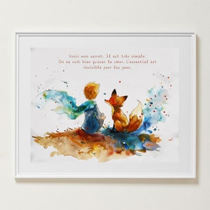 Arte en acuarela de El Principito y el zorro, arte mural de El Principito, decoración de guardería, póster infantil, descarga instantánea, arte mural imprimible