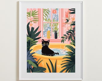 Bathroom Cat Printable Wall Art, Cat in Bathtub Print, Funny Cat Poster, Matisse Wall Art, Pink Tropical, Maximalist Decor, Digital Download