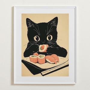 寿司黒猫の印刷可能な壁アート、東京プリント、キッチンの装飾、おいしい猫のポスター、おいしい日本食、寿司の壁アート、デジタルダウンロード