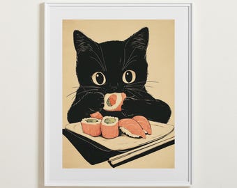 May include: A black cat with green eyes is eating sushi. The cat is sitting on a table with a plate of sushi in front of it. The sushi is made with rice, seaweed, and fish.