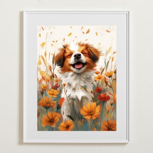 Dog Poster, Puppy Art for Animal Lovers, Nursery Art, Children's Wall Art, Cute Dog and Flowers Deco, Moms Gift for Kids, Digital Download