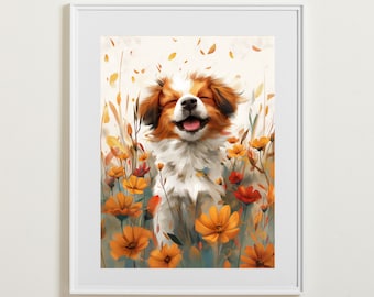 Dog Poster, Puppy Art for Animal Lovers, Nursery Art, Children&#39;s Wall Art, Cute Dog and Flowers Deco, Moms Gift for Kids, Digital Download