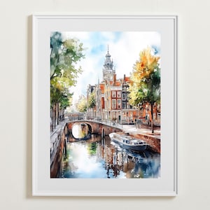 アムステルダムの水彩画の壁アート、都市景観の印刷可能、オランダの運河ポスター、室内装飾、アムステルダムのプリント、即時ダウンロード、旅行プリント