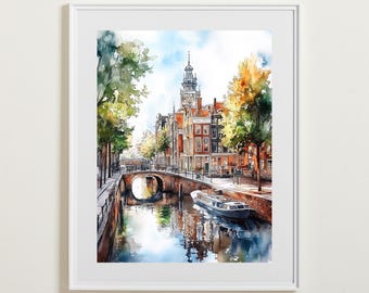 Amsterdam Canal Watercolor Print: Netherlands Cityscape (Digital Download)
