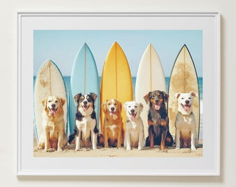 May include: A framed print showing six dogs of different breeds on a sandy beach, with surfboards in the background. The surfboards are in blue, yellow, and cream. The dogs are all looking towards the camera.