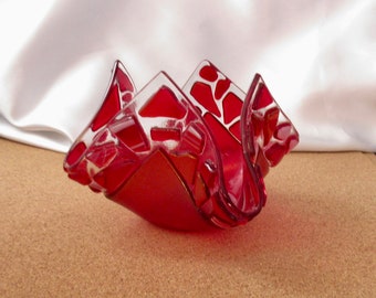 Red Fused Glass Candle Holder, Fused Glass Christmas Decor, Red Fused Glass Dish, Hostess Gift