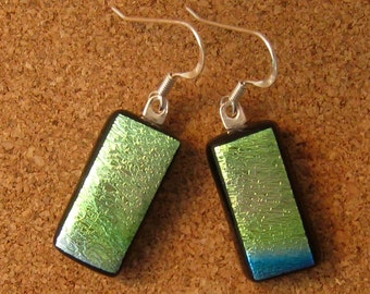 Green Dichroic Earrings - Dichroic Jewelry - Fused Glass Jewelry - Fused Glass Earrings - Dangle Earrings - Glass Earrings