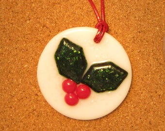 Fused Glass Ornament - Holiday Decor - Holly Berry Ornament - Glass Christmas Ornament - Hostess Gift - Holiday Ornaments