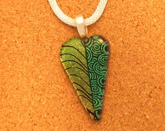 Dichroic Green Glass Heart Pendant, Fused Glass Heart Necklace, Green Jewelry, Valentine Glass Accessories