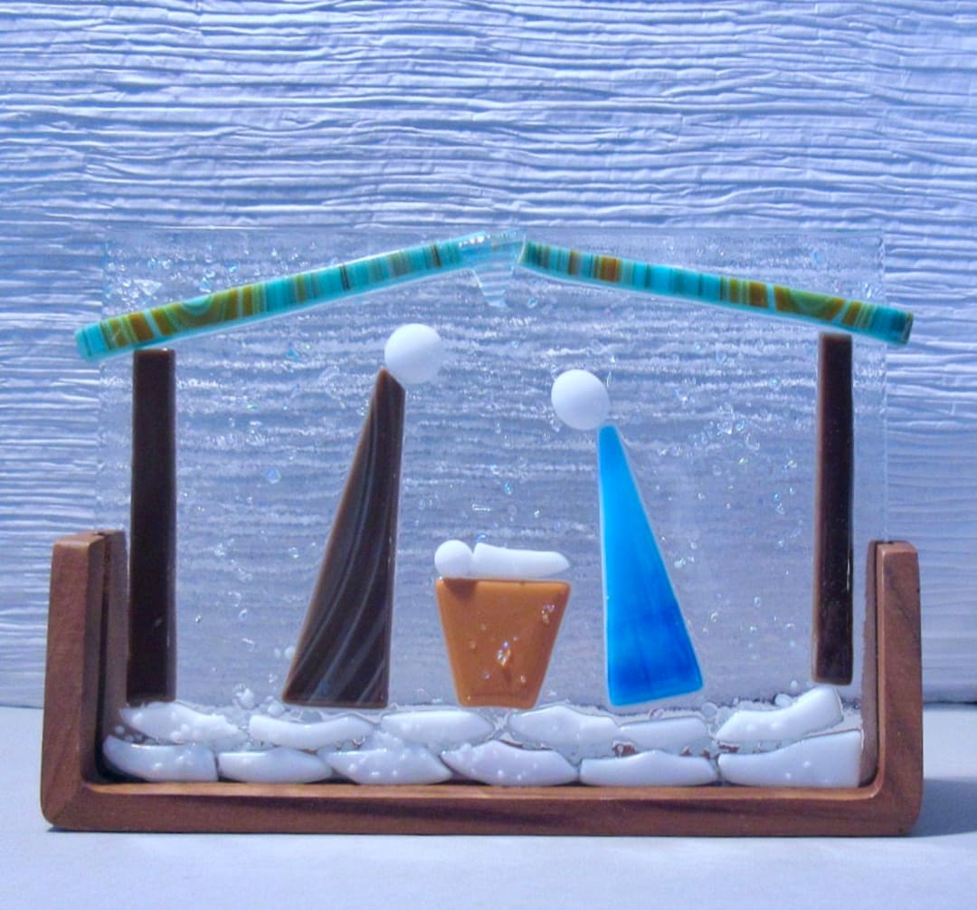 Fused Glass Large Nativity Scene in Stand, Religious Glass Art Panel