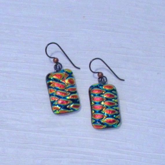 Red Gold Black Dichroic Glass Earrings, Nickel Free Fused Glass Earrings, Dichroic Jewelry, Fused Glass Jewelry