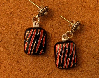 Red Dichroic Post Earrings, Black and Red Fused Glass Earring, Fused Glass Jewelry