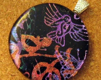 Dichroic Hummingbird Pendant - Fused Glass Pendant - Glass Pendant - Dichroic Jewelry Statement Necklace