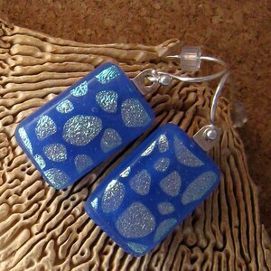 Blue Dichroic Earrings, Fused Glass Jewelry Silver and Blue Earrings