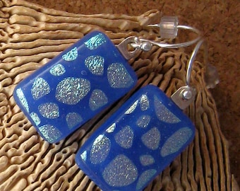 Blue Dichroic Earrings, Fused Glass Jewelry Silver and Blue Earrings