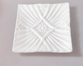 Fused Glass White Plate Wedding Anniversary Gift, Patterned White Plate Candle Holder Housewarming Gift