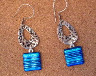 Blue Dichroic Glass Earrings with Sterling Silver French Hooks