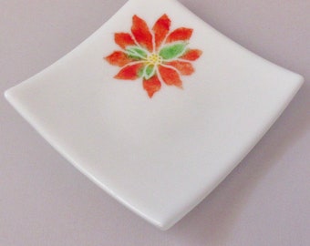 Fused Glass White Christmas Plate, Fused Glass Poinsettia Candle Holder, Fused Glass Poinsettia Plate