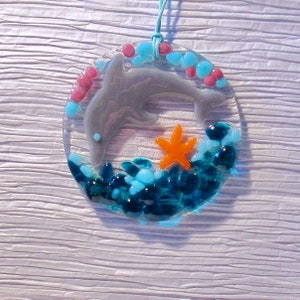 Fused Glass Dolphin Round Sun Catcher, Sea Life Glass Sun Catchers, Fused Glass Ocean Scenes