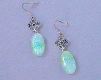 Green Dichroic Celtic Earrings, Fused Glass Earrings, Fused Glass Jewelry